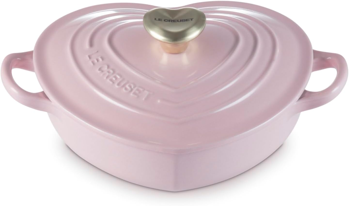 Le Creuset Enameled Cast Iron Traditional Shallow Heart Cocotte, 1.25 Qt, Chiffon Pink Light Gold Heart